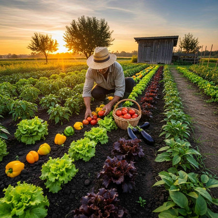 Farmer harvesting fresh vegetables in the field at sunset. Selective focus.の写真素材