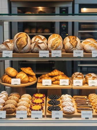 Bakery products on shelf in bakery shop. Fresh pastries and croissantsの写真素材