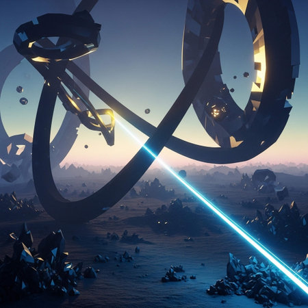 Futuristic 3D rendering of a science fiction landscape with a bicycle and glowing lights