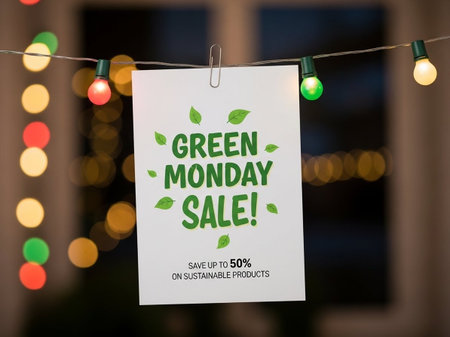 Green Monday Sale written on a paper sheet hanging on a clothesline with Christmas lights in the backgroundの写真素材