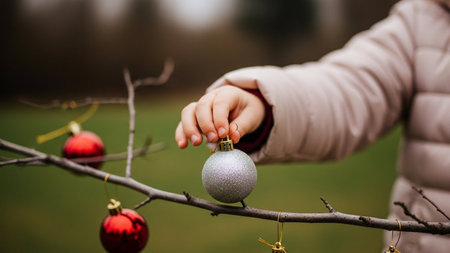 Little girl holding a christmas ball on a tree branch in the gardenの写真素材
