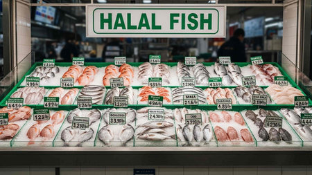 Shelves with fresh fish in a supermarket.