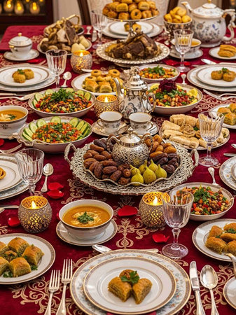 Traditional Turkish and Greek dinner table with dates, olives, soups and other dishes.の写真素材
