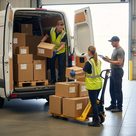 High angle view of a group of workers loading boxes into a van