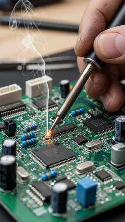 Electronic circuit board being repaired with a torch and soldering iron