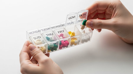 Close-up of a woman's hand holding a pill box with pills