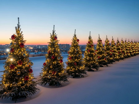 Christmas trees in the snow at sunset. New Year's background.