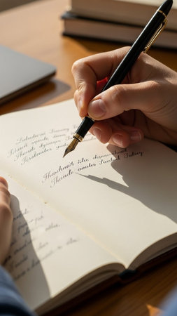 Close-up of a woman writing in a notebook with a fountain pen