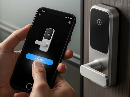 male hand with smart phone and door lock on the door of the room