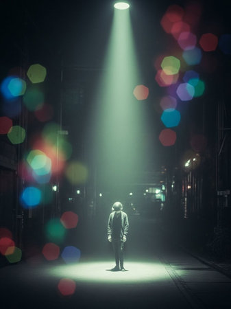 Man standing in the middle of a night street with lights and fogの写真素材