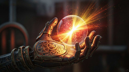 View of a Cyborg hand holding a crystal ball - 3d rendering