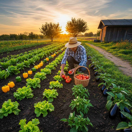 Farmer with basket of fresh vegetables on the field at sunset.