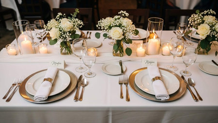 Wedding table setting with cutlery, napkins and candles