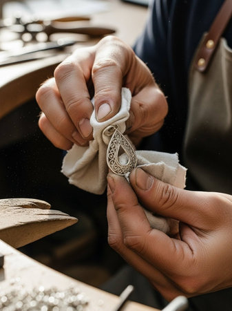 Close-up of the hands of a craftsman working on a handmade productの写真素材