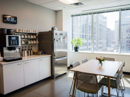 Interior of a modern cafe with coffee machine and coffee table.