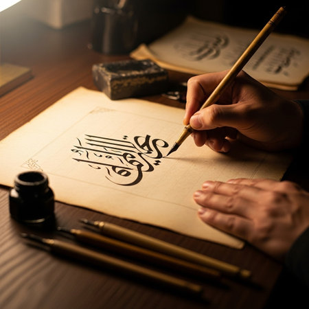 Male hand writing Islamic calligraphy with a fountain pen on paperの写真素材