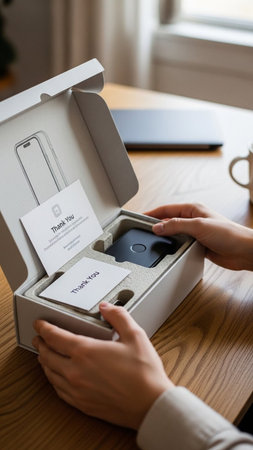 Close-up of female hands opening box with contactless credit card
