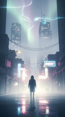 Person walking in a misty city street with glowing neon lights. 3D Rendering