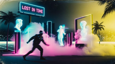 Digital composite of neon sign with lights and silhouettes of people running