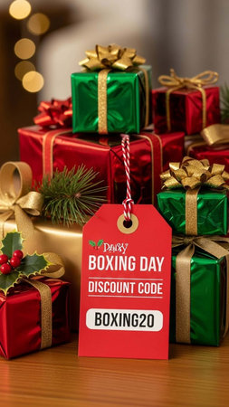 Boxing day sale concept with gift boxes, holly berry and christmas tree