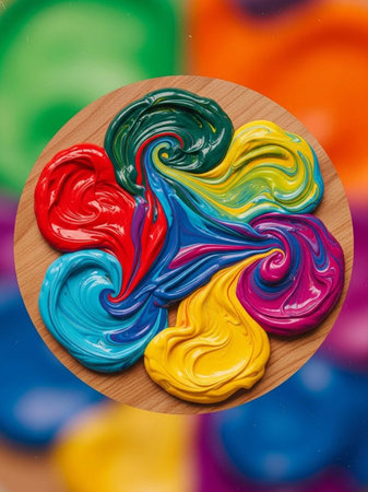 Colorful paint splashes on a wooden palette. Abstract background.