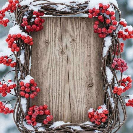 Christmas wreath with red rowan berries covered with snow on wooden background