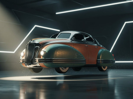 3D rendering of a classic American car in an underground garage