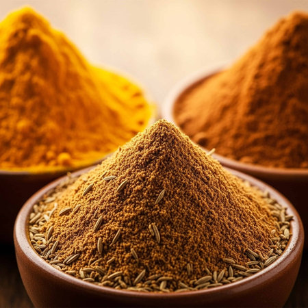 Curry powder in bowl over wooden background. Selective focus.の写真素材