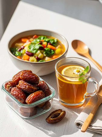 dried fruits in bowl and cup of tea on table