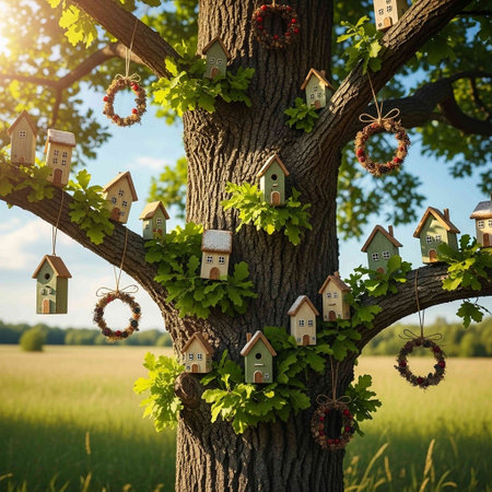 Wooden birdhouses on a tree in the summer forest. Concept of home sweet home.
