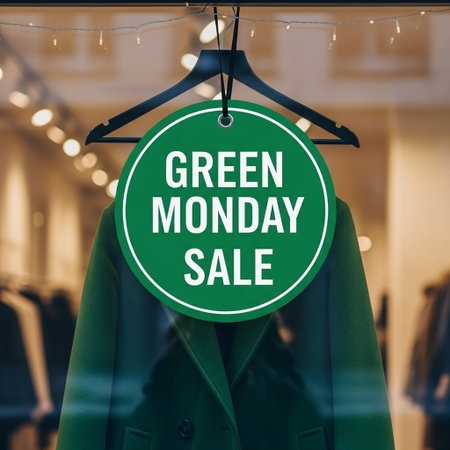 Green Monday Sale text on a coat hanger in a shop windowの写真素材