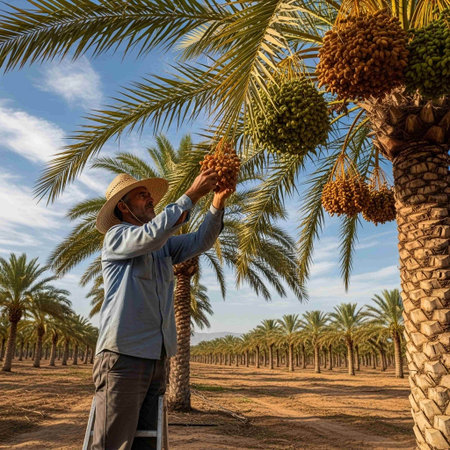 Farmer harvesting date palm in the palm grove, Israel.の写真素材