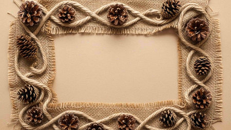 Frame made of burlap and pine cones on a beige background
