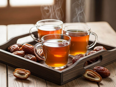 Two cups of hot tea with dried dates on wooden tray, selective focusの写真素材