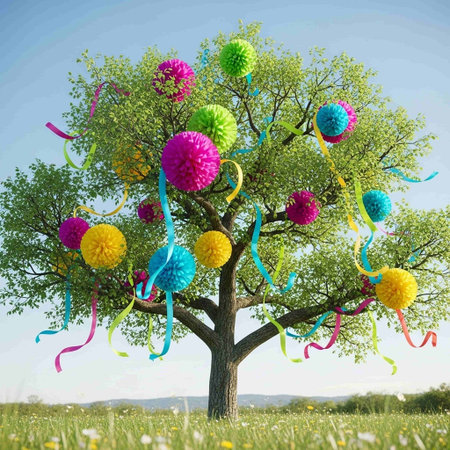 Easter tree with colorful eggs and ribbons. 3d renderの写真素材