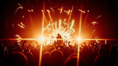 Concert crowd with hands raised at a music festival, blurred backgroundの写真素材