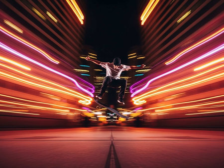 Skateboarder riding on a longboard in motion blur.の写真素材