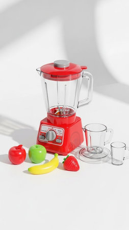 red blender with fruits and berries on a white background, top viewの写真素材
