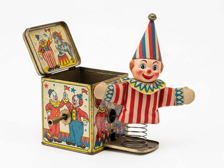 Old wooden toy clown in a box on a white background, isolatedの写真素材