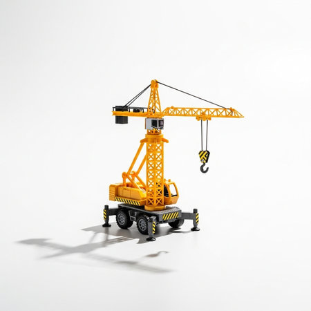 Yellow construction crane on a white background. 3d rendering. Side view.の写真素材