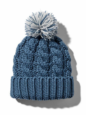 knitted hat isolated on white background. blue hat with pompom.