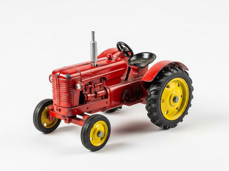 Red toy tractor on a white background. 3d rendering, isolated