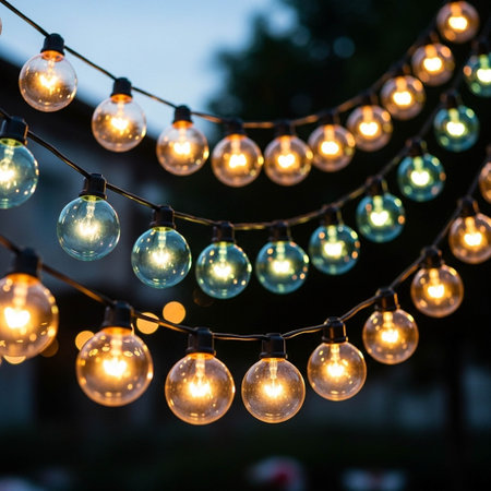 Light bulbs hanging in the night. Decorated with light bulbs.