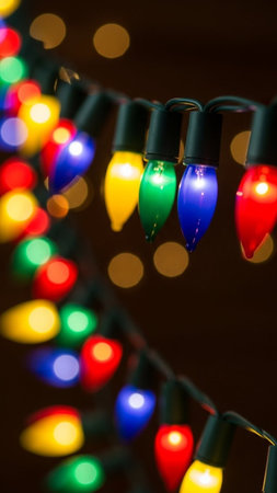 Colorful christmas lights on a dark background with bokehの写真素材