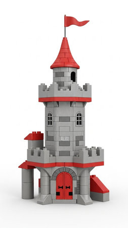 3d rendering of a castle with a red flag on a white backgroundの写真素材