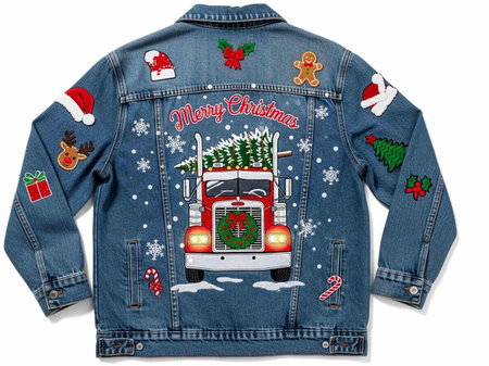 Jeans jacket with Christmas and New Year symbols isolated on white background