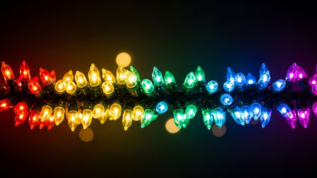 Colorful christmas garland lights on black background with copy space