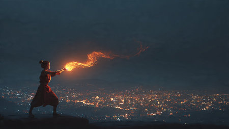 Young woman in red dress holding burning torch in her hand. Mixed mediaの写真素材