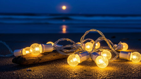 Christmas lights on the beach at night with full moon background. Holiday concept.の写真素材