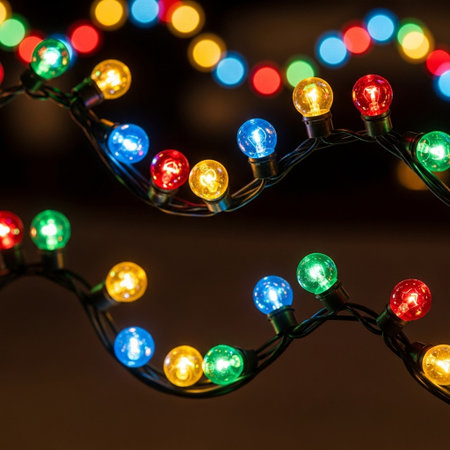 Colorful Christmas lights on a dark background, close-up.